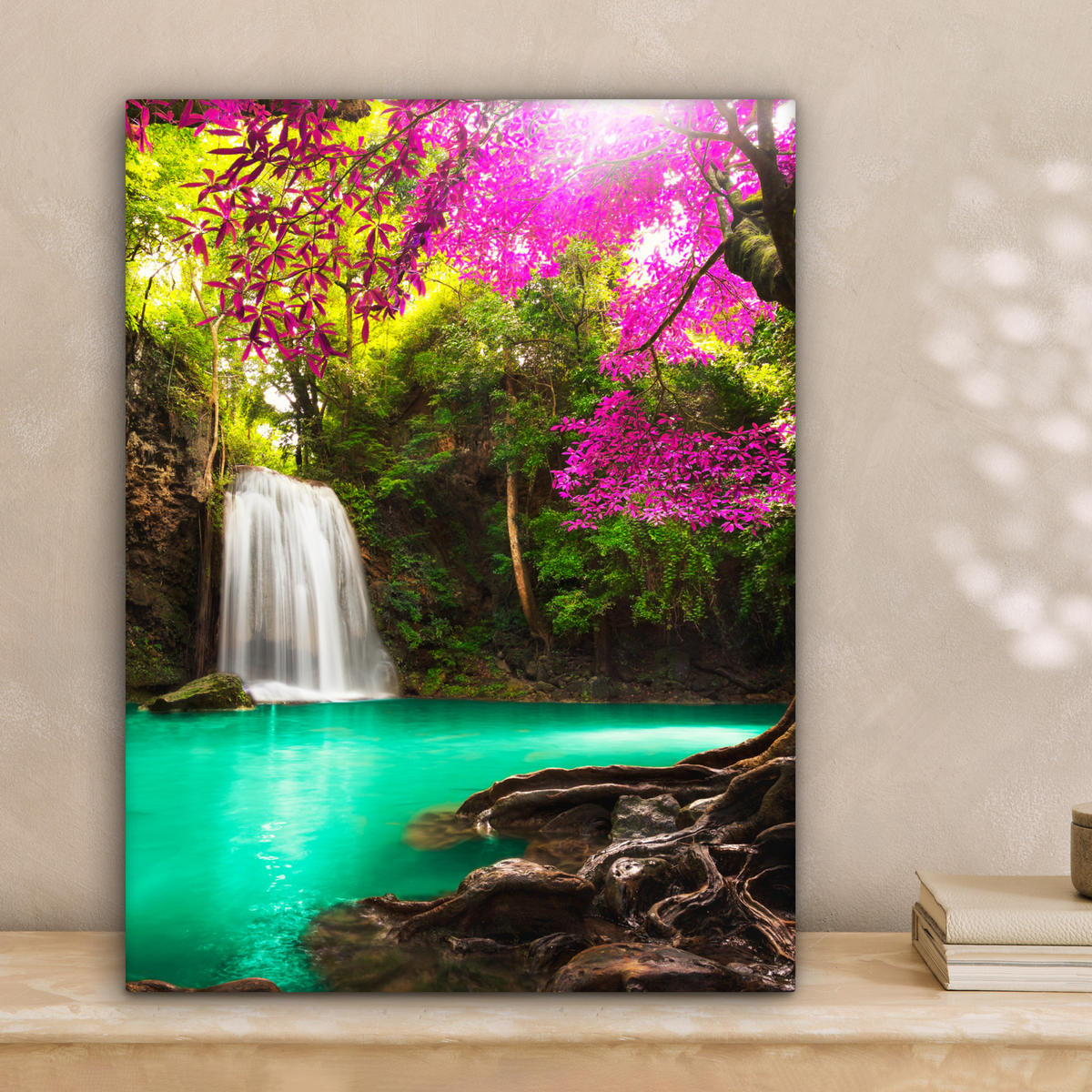 LEINWANDBILD Wasserfall mit bunten Blumen und Bäumen - Natur - Dschungel Room Decor 30x40 cm - Waldgrün, Textil (30/40cm) - MuchoWow