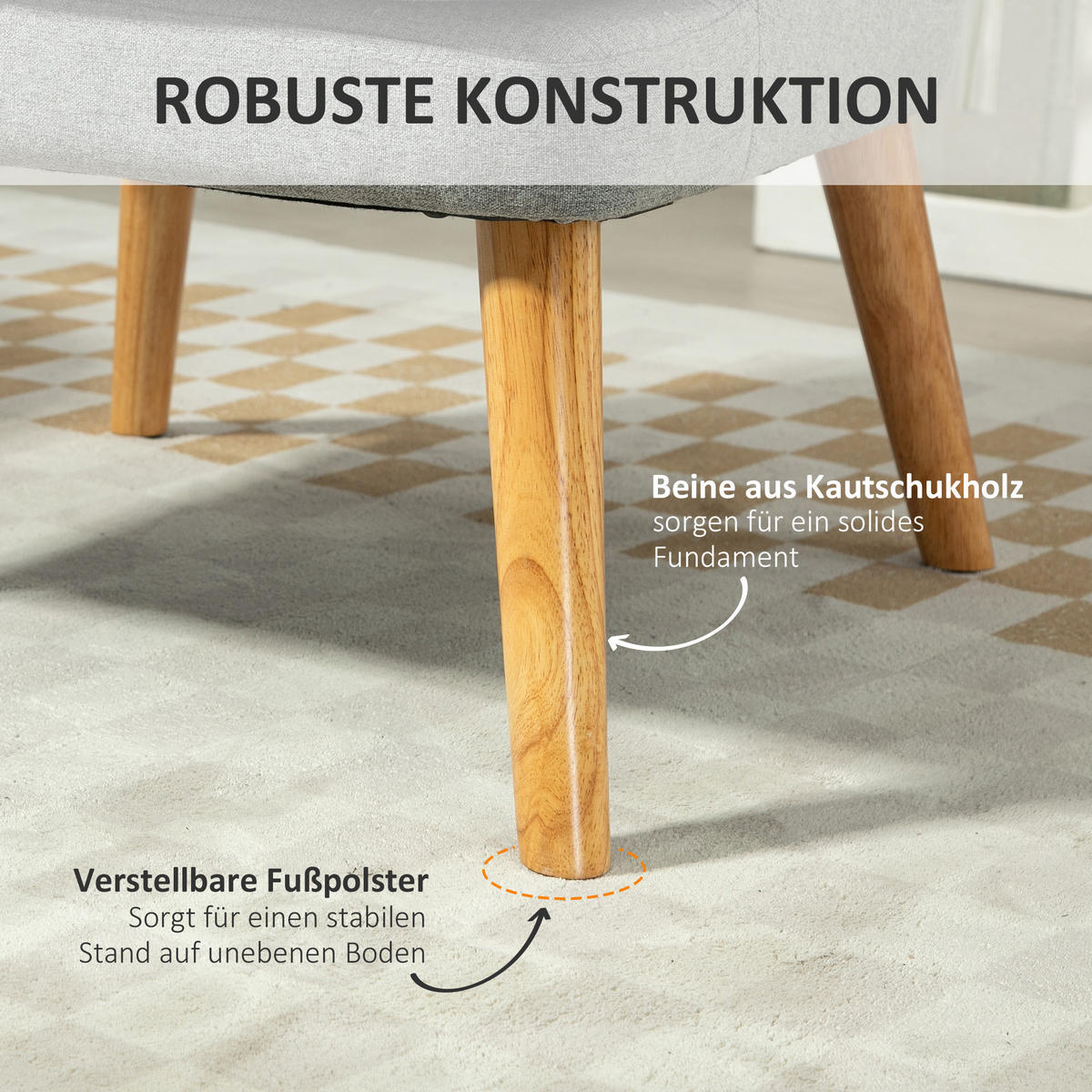 GEPOLSTERTE Loungesessel, Armlehne, Holzbeine, für Wohnzimmer, Schlafzimmer - Hellgrau, Kunststoff (69/79.5/63cm) - HOMCOM