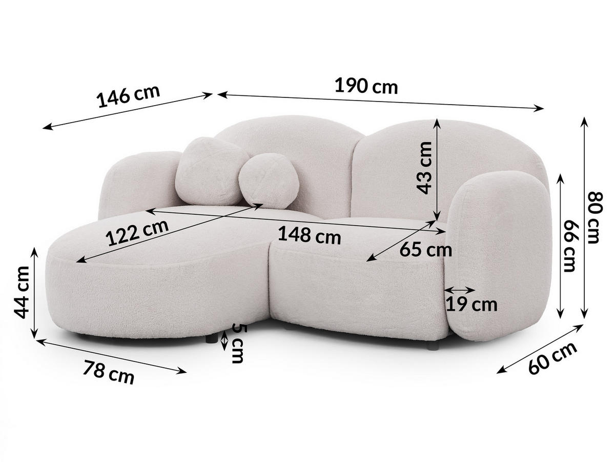 ECKSOFA Nuvola mit abgerundetem Design Weiß Bouclé-Stoff - Ottomane Links - Schwarz/Weiß, Holz/Kunststoff (190/146cm) - S-Style Möbel