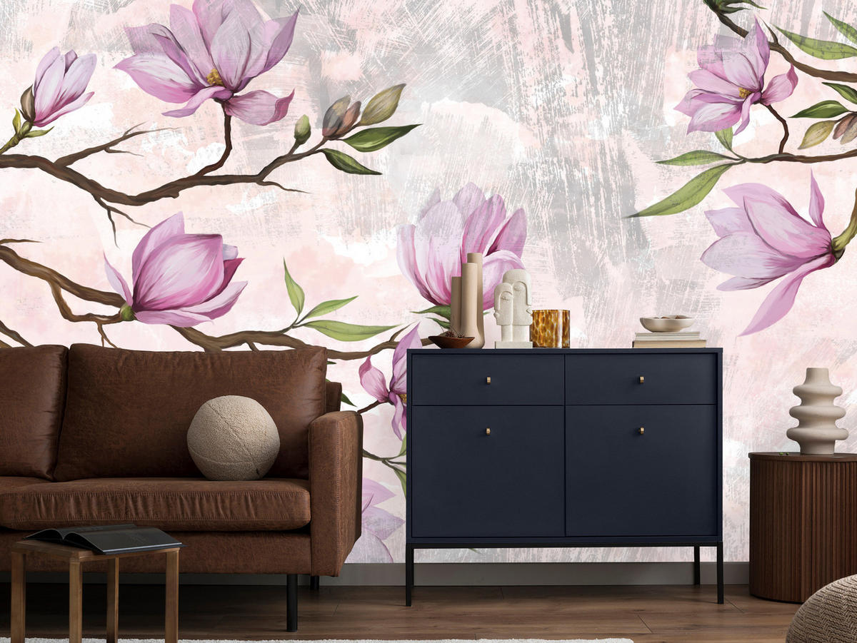 FOTOTAPETE für Schlafzimmer Rosa Magnolienblüten Botanisch 250x175 - Beige/Violett, Papier (250/175cm) - Muralo