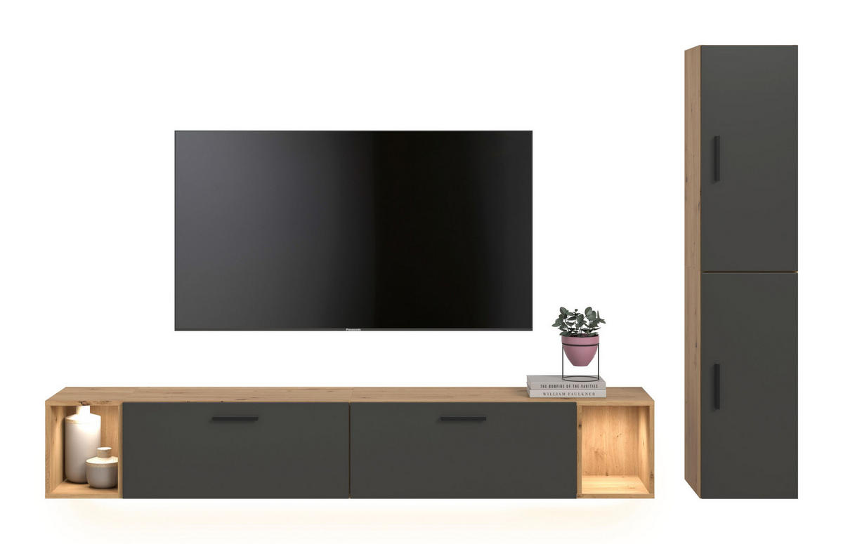 WOHNWAND INKL BELEUCHTUNG The One Basalt grau 259/34/182 cm - Braun, Holzwerkstoff (259/182/34cm) - Xonox