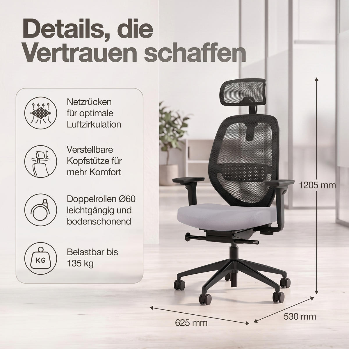 DREHSTUHL Ergonomischer Bürostuhl Atessa mit Netzrücken und Kopfstütze / Mit Kopfstütze Hellgrau Netzrücken für Luftzirkulation - Hellgrau, Textil (62.5/120.5/45cm) - ASSMANN