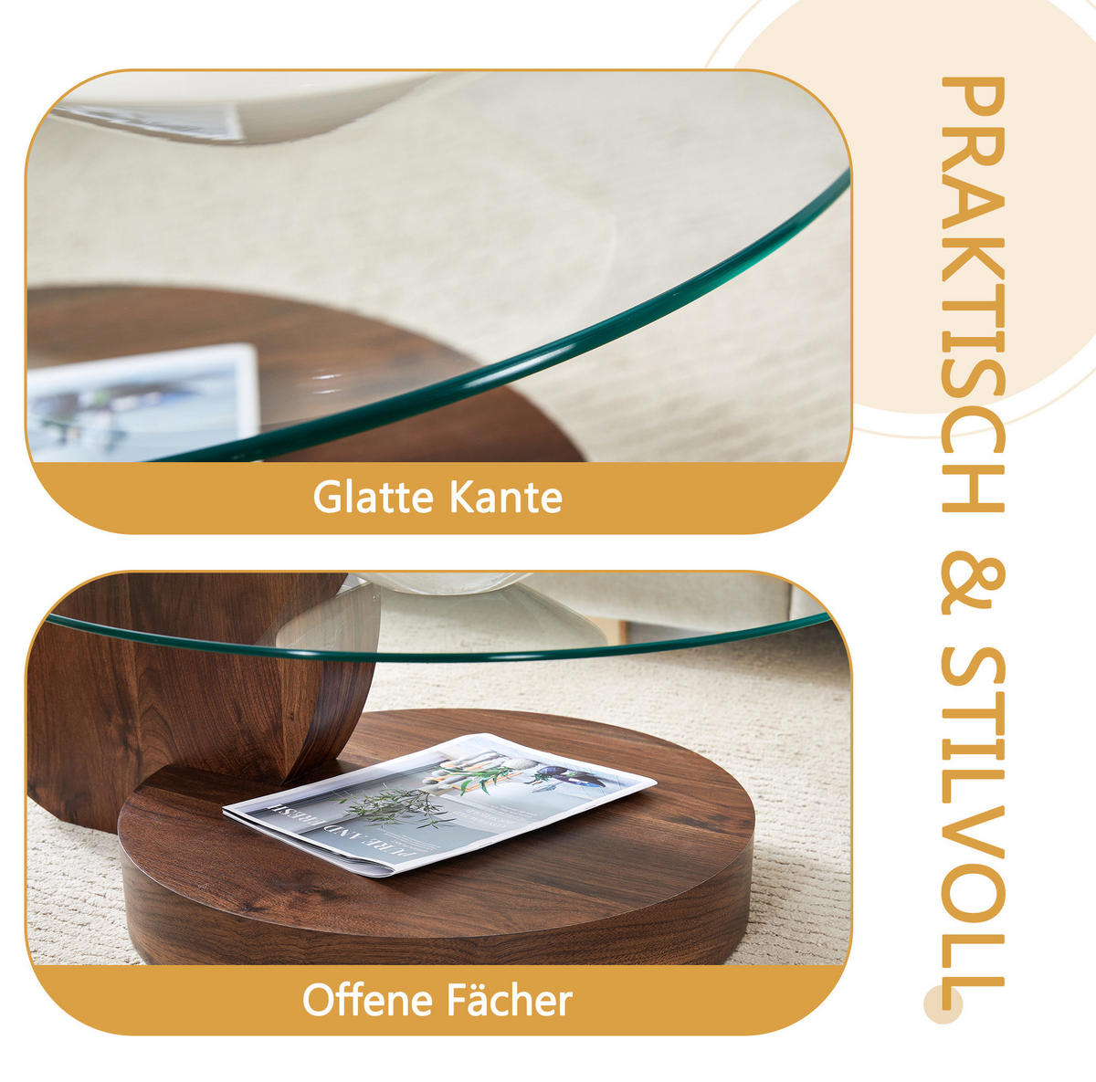 COUCHTISCH mit Glasplatten 50/70 cm aus MDF in Walnussfarben - Walnussfarben, Holzwerkstoff (90/70/44cm) - Flora Grace
