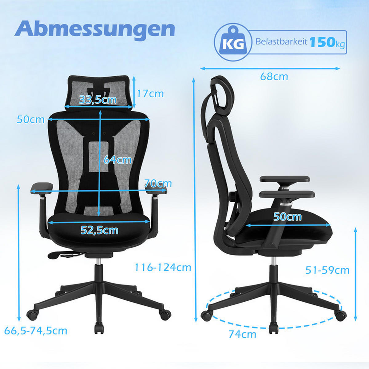 BÜROSTUHL mit verstellbarer Lendenwirbelstütze Kopfstütze und 3D-Armlehnen schwarz - Schwarz, Leder (70/116/68cm) - COSTWAY