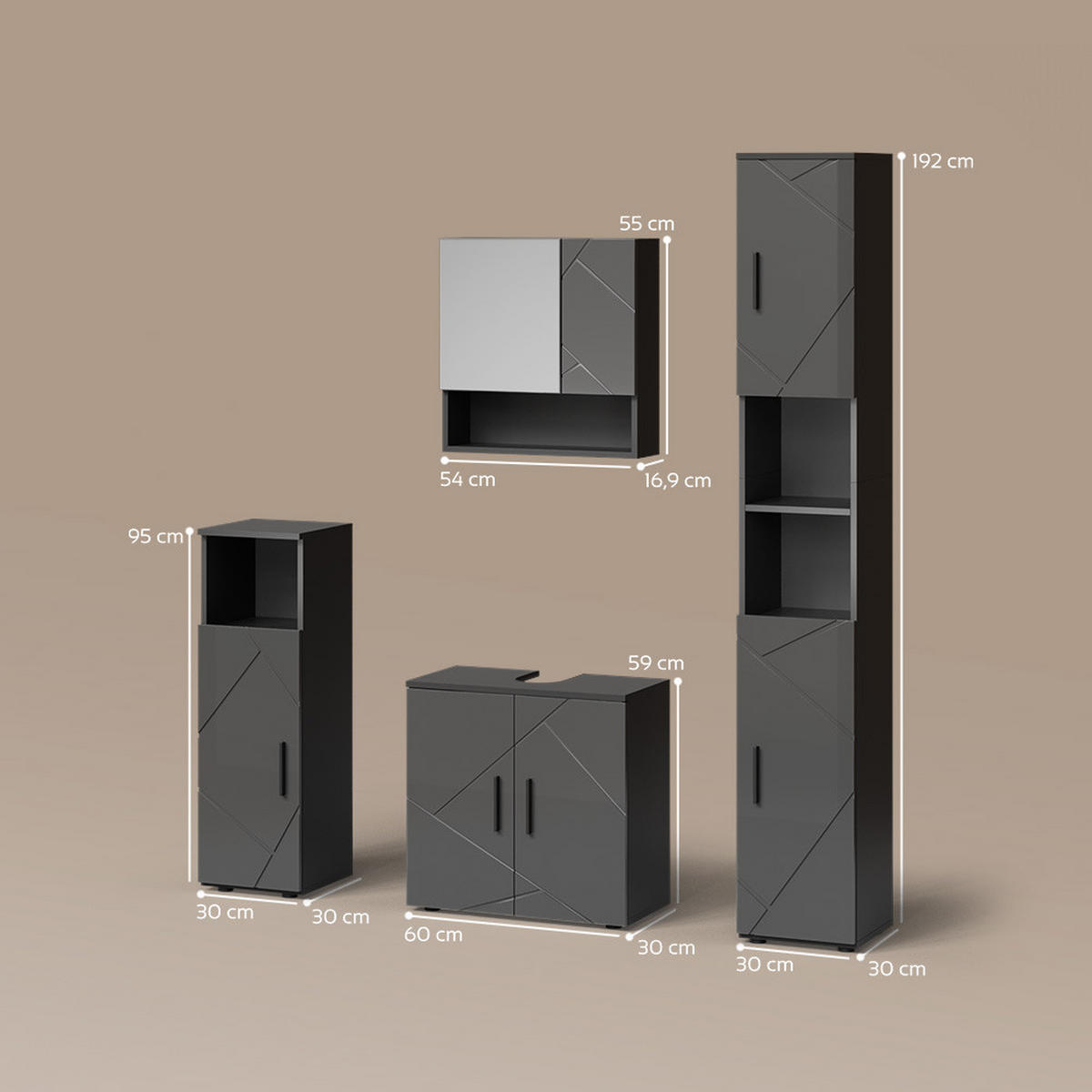 BADMÖBEL-SET Ronco Anthrazit Hochglanz 4 Teile, mit Hochschrank - Anthrazit, Holzwerkstoff (60/192/30cm) - Livinity®