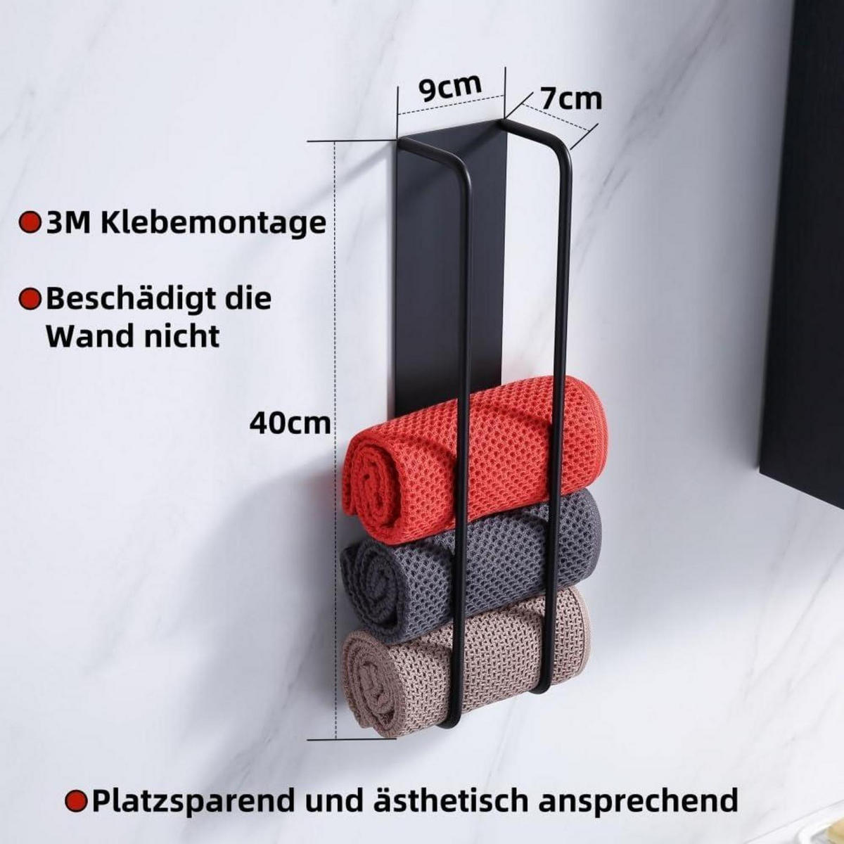 HANDTUCHHALTER Selbstklebend Matt Schwarz 40 cm - Multicolor, Metall (9/7/40cm)