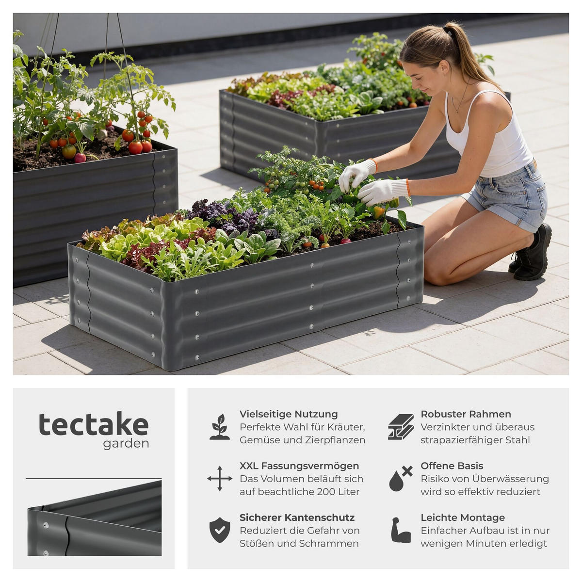 HOCHBEET Salvia, verzinkter Stahl, offener Boden, 120 x 60 x 30 cm, grau - Grau, Metall (60/30/120cm) - tectake