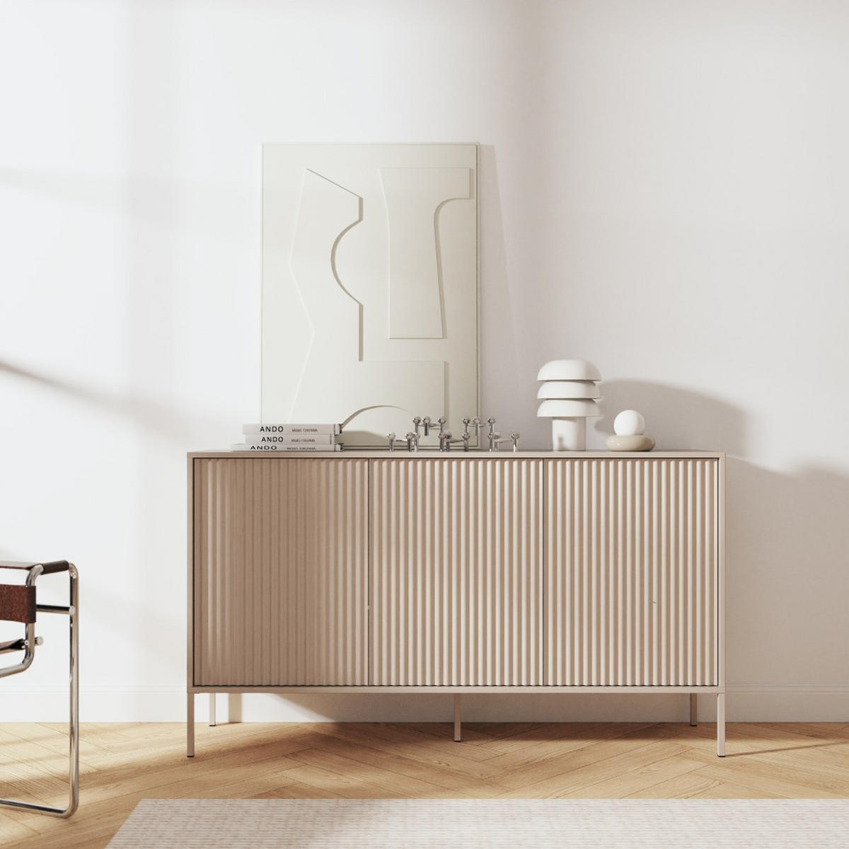 KOMMODE Noto mit 3 Türen und geriffelten Fronten, 154 cm - Kaschmir, Holzwerkstoff (154/38/87cm) - Beautysofa