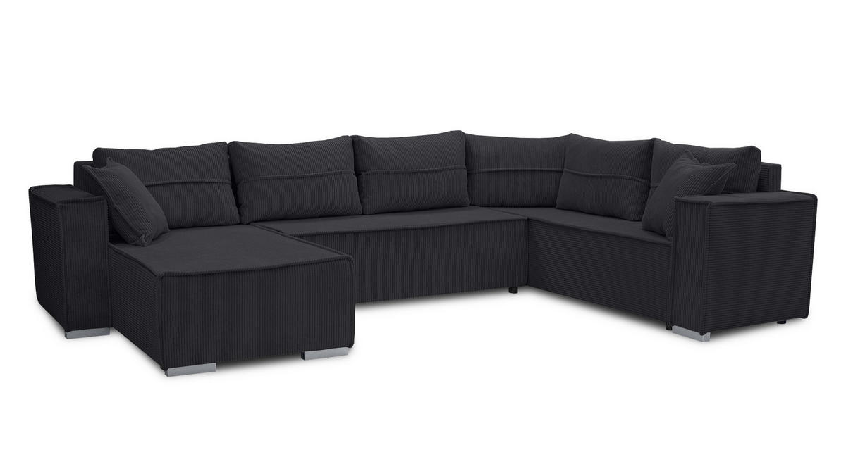 WOHNLANDSCHAFT Lovere U Schwarz 314/217/90 cm – mit Schlaffunktion und Bettkasten - Silberfarben/Schwarz, Textil/Metall (314/90/217cm) - AX Living