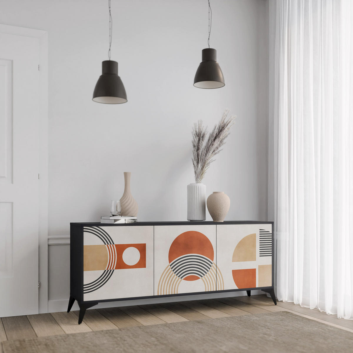 SIDEBOARD SPACE AROUND, Eicheneffekt, 164,5x42x77,5 cm, 3 Türen - Eichefarben/Buchefarben, Holzwerkstoff/Buchenholz (164.5/77.5/42cm) - SpaceRebels