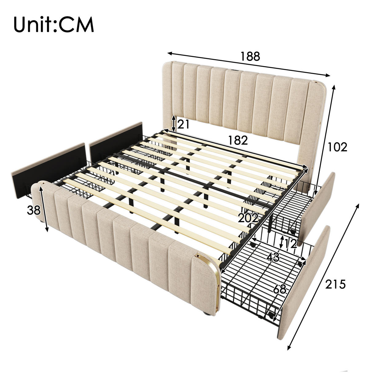 POLNJENA postelja iz lanu 180x200 cm bež z USB in USB-C polnjenjem, 4 predali, kovinskimi poudarki - bež, tekstil (180/200cm) - Modfu