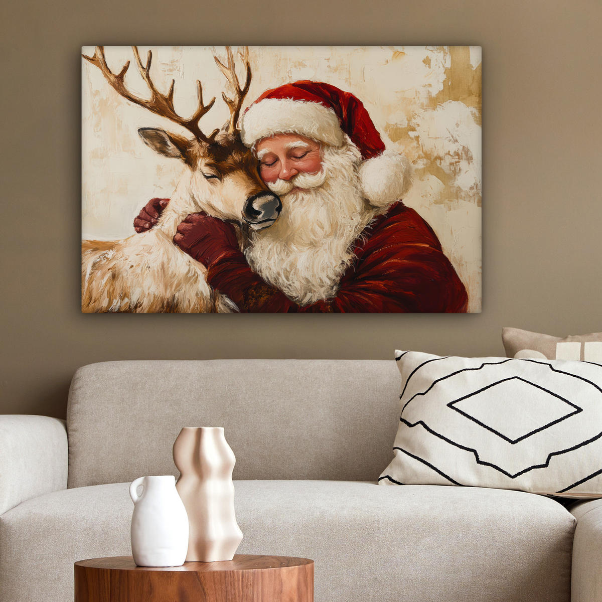 LEINWANDBILD Weihnachtsmann - Rentier - Weihnachten Wanddeko 90x60 cm - Rotbraun, Textil (90/60cm) - MuchoWow