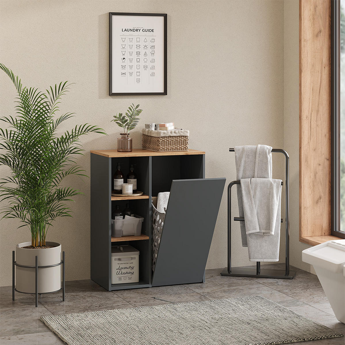 BADSCHRANK Viktor Anthrazit/Goldkraft Eiche 68 x 88.2 cm , mit offenen Regalen und Wäschekorb - Honigeiche/Anthrazit, Holzwerkstoff (68/88.2/40.5cm) - Vicco