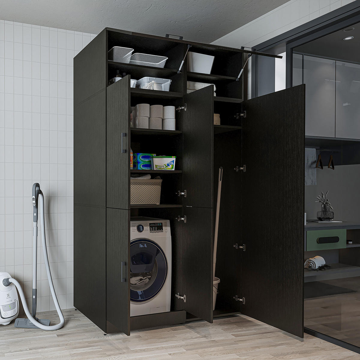 WASCHMASCHINENSCHRANK DORA-II 130cm Breit, 230cm Hoch - Schwarz, Holzwerkstoff (130/230/73.8cm)