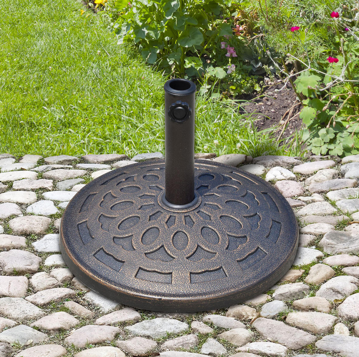 SONNENSCHIRMSTÄNDER 48,5/48,5/34 cm bronze aus Harz mit Stahlrohr für Ø38/48 mm - Bronzefarben, Kunststoff (48.5/48.5cm) - OKWISH