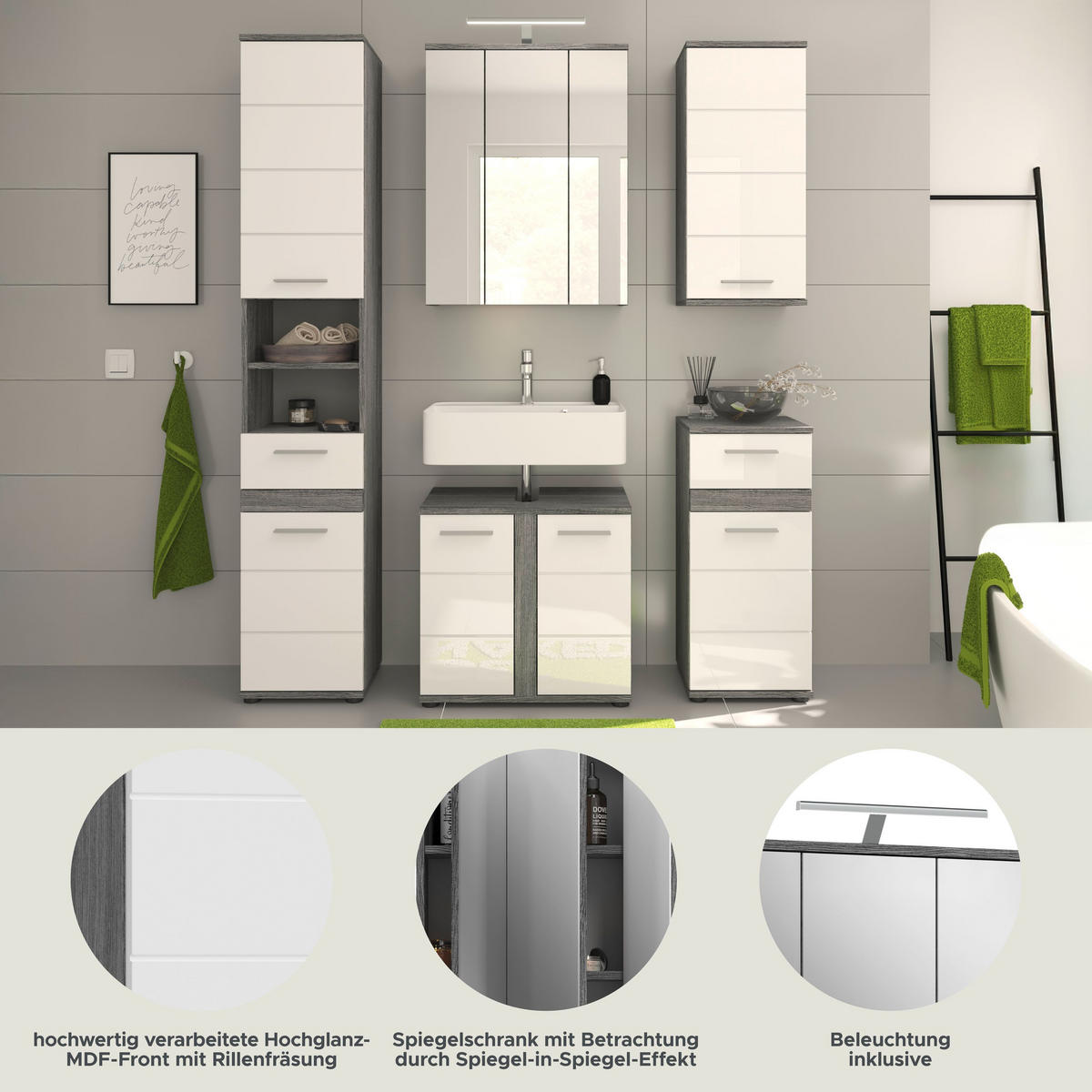 BADKOMBINATION 5tlg. inkl. Beleuchtung Blake Bad in Rauchsilber Nb. und weiß HG B/H/T: 164x191x34 cm - Anthrazit, Holz (164/191/34cm)