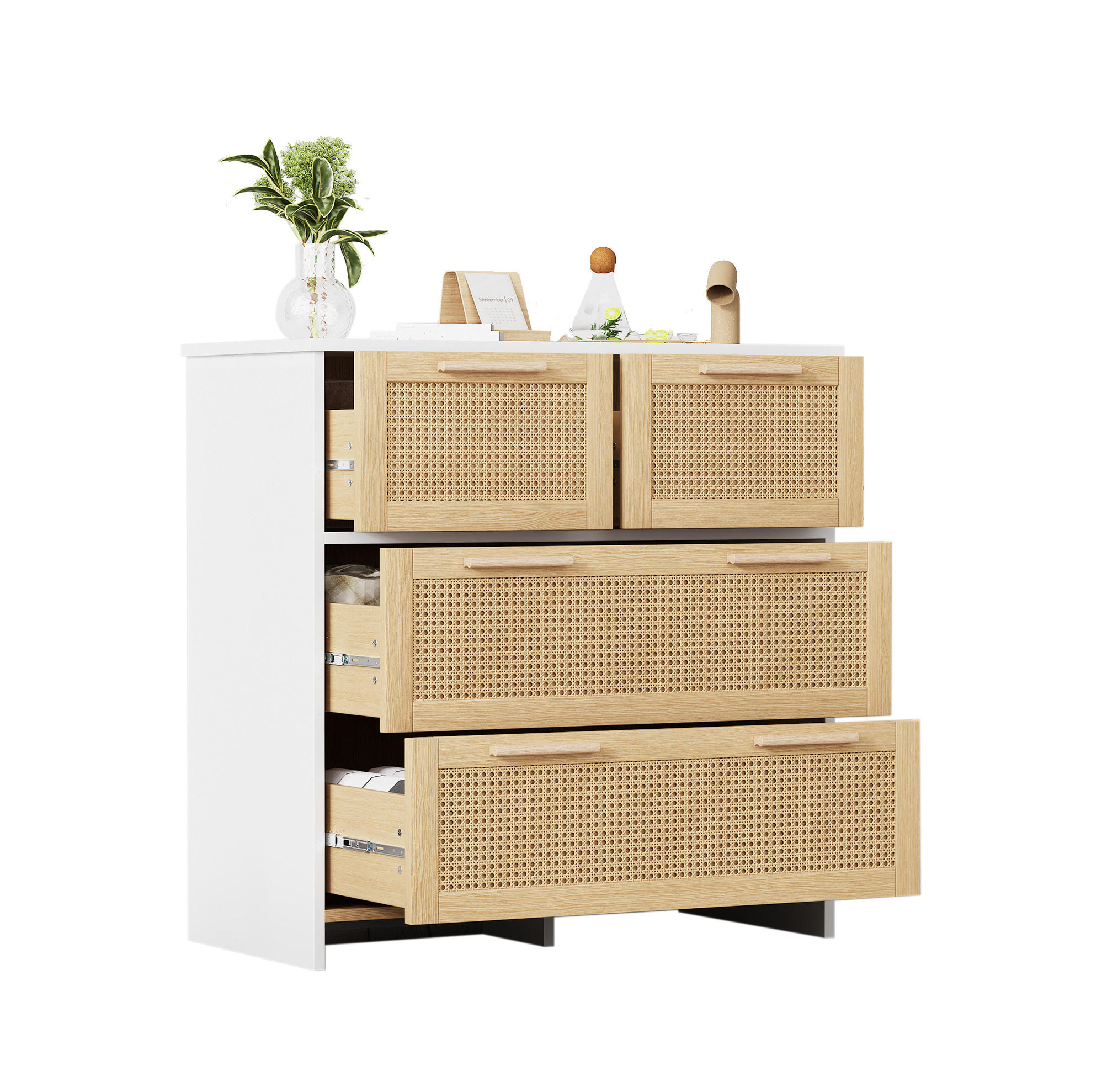 Redom KOMODA 38/80/80 cm se 4 zásuvkami, ratanovým čelem, MDF a úchytkami z masivního dřeva, Přírodní/Bílá