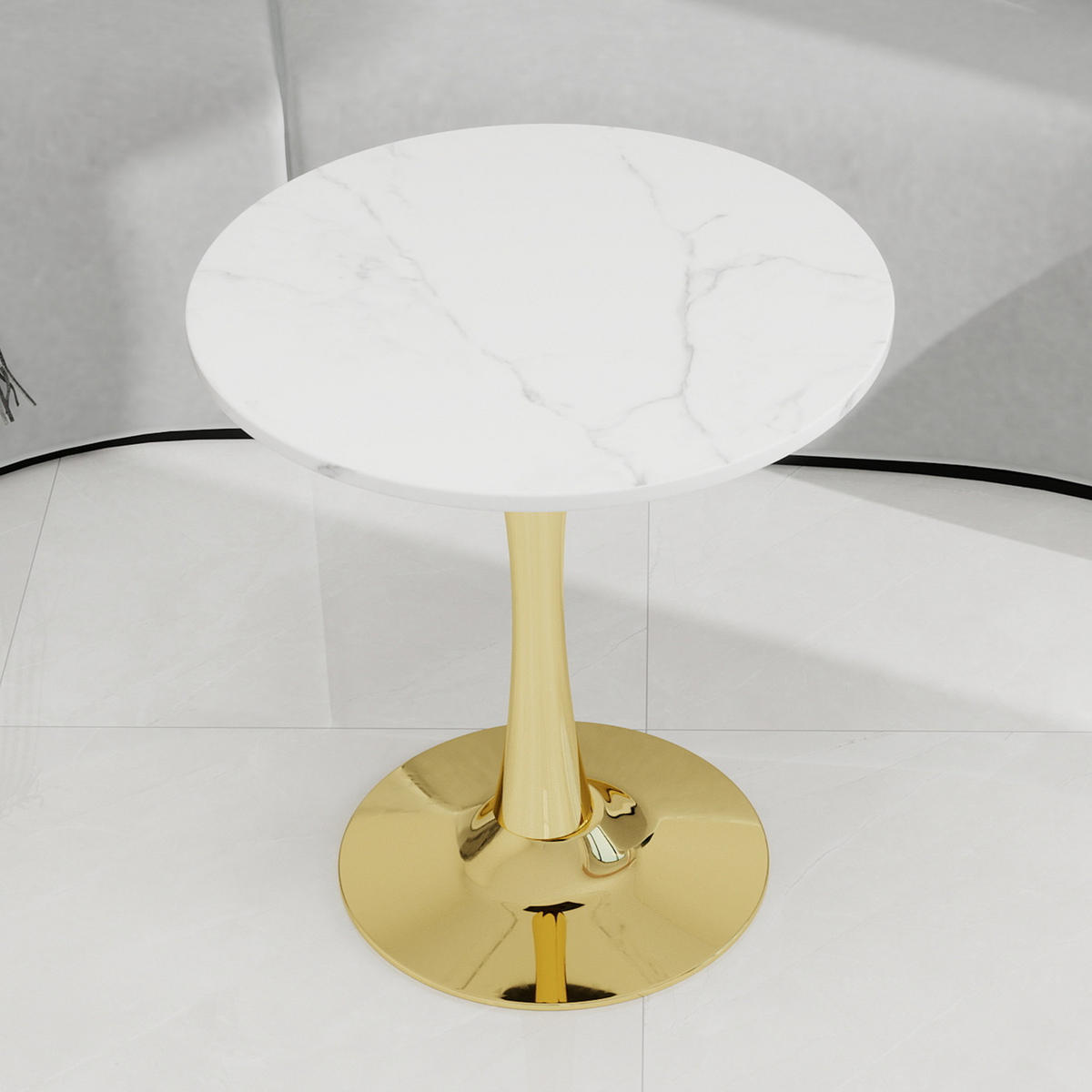 COUCHTISCH in Weiß und Gold Wohnzimmertisch mit einer runden Marmor-Tischplatte für Wohnzimmer, B70/T70/H72 cm - Goldfarben/Weiß, Stein/Metall (70/70/72cm) - STILVORA