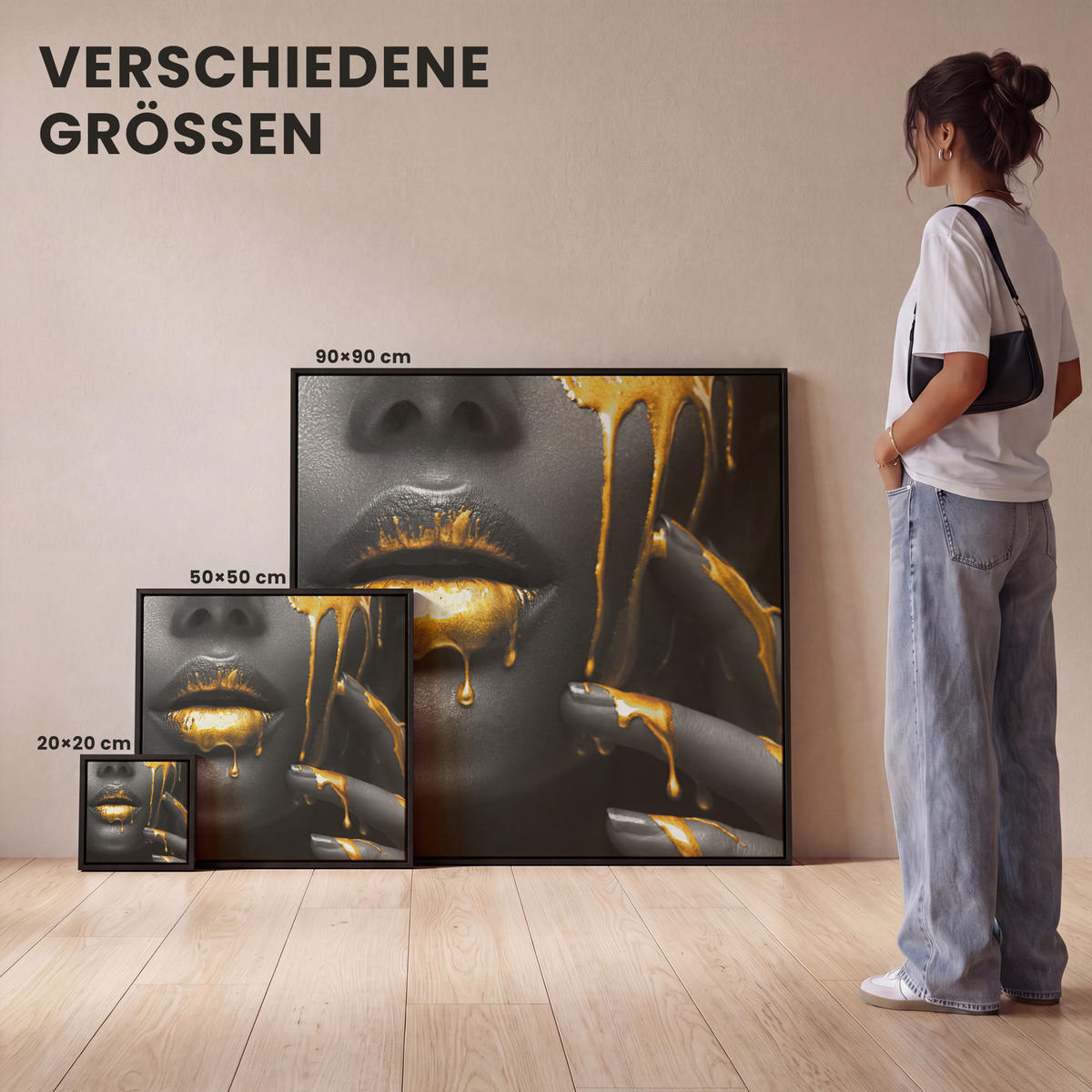 LEINWAND Bilder mit Rahmen - Frau - Schwarz - Gold - Gesicht - Lippen - 20x20 - Goldfarben, Textil (20/20cm) - MuchoWow