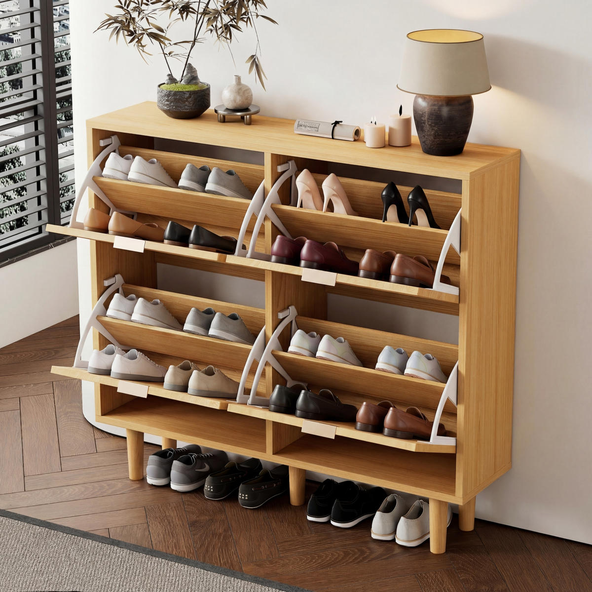 SCHUHSCHRANK 100/25/90 cm eichefarben aus Spanplatte mit Rattanfronten und 4 Klappen - Naturfarben, Holzwerkstoff (100/90/25cm) - OKWISH