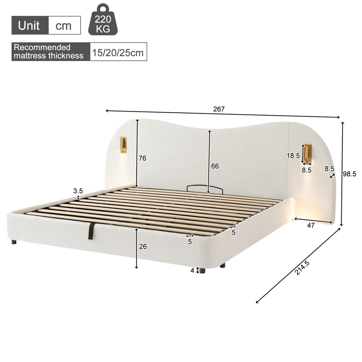 POLSTERBETT 180/200 cm weiß aus Bouclé mit hydraulischem Stauraum - Weiß, Textil (180/200cm) - OKWISH