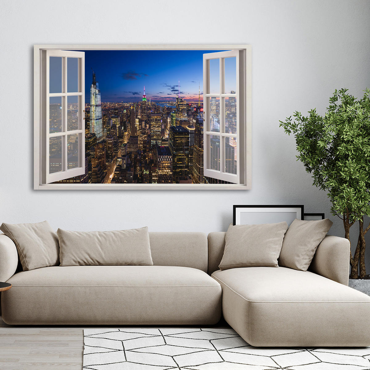 WANDBILD fensterblick stadt nacht wolkenkratzer - Blau, Textil (60/40cm) - Feeby