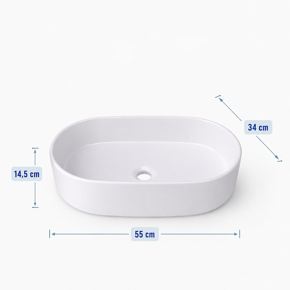 UMYVADLO Bílé keramické oválné bez otvoru pro baterii - bílá, keramika (55/14.5/34cm) - Relaxdays