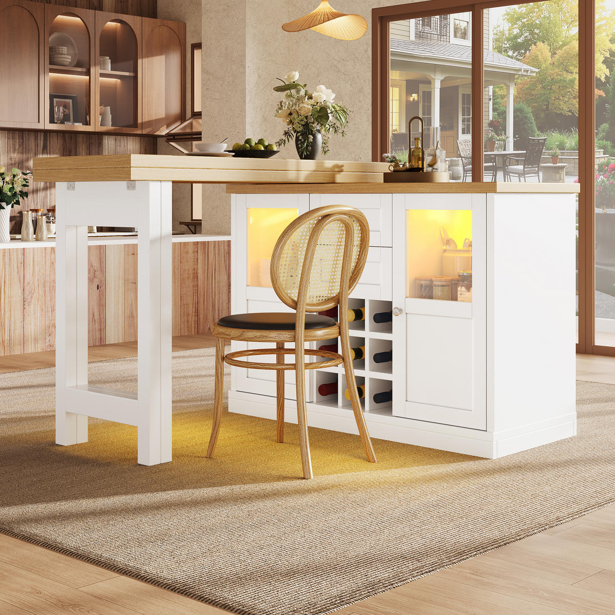 ESSTISCH Ausziehbar 120–197cm 360° LED Stauraum Weinregal - Weiß, Holzwerkstoff (40/120/72cm) - FLIEKS