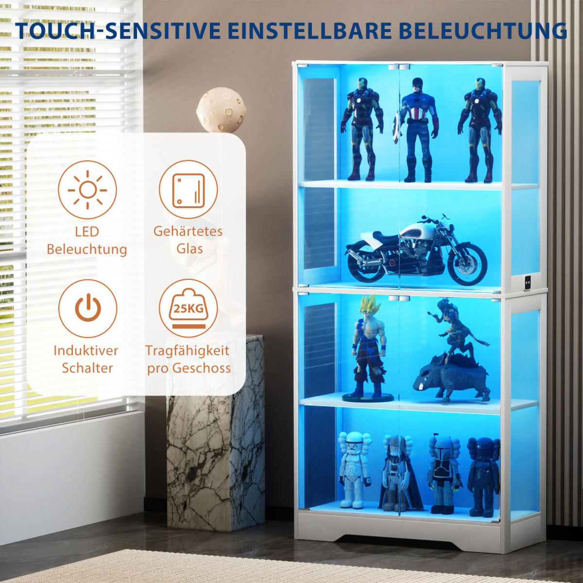 VITRINE 4-stöckig mit LED-Beleuchtung - Staubdicht - Weiß - Weiß, Glas/Holzwerkstoff (35/165/80cm) - KOMHTOM