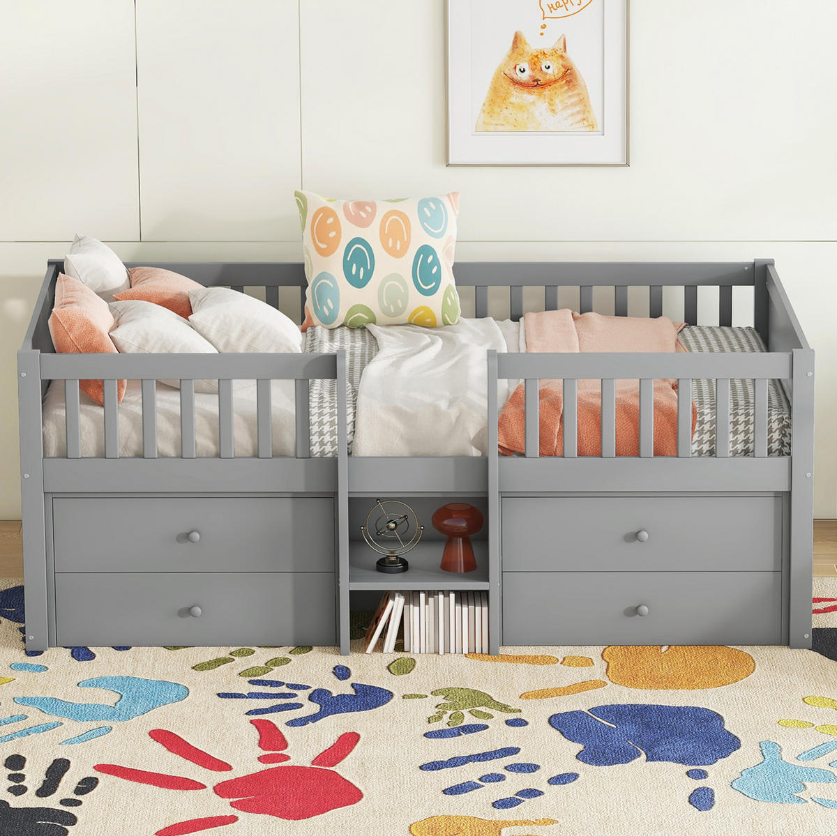 KINDEREINZELBETTEN aus Kiefernholz 90x200 cm in Grau mit 4 Schubladen & Leiter - Grau, Holz (90/200cm) - Modfu