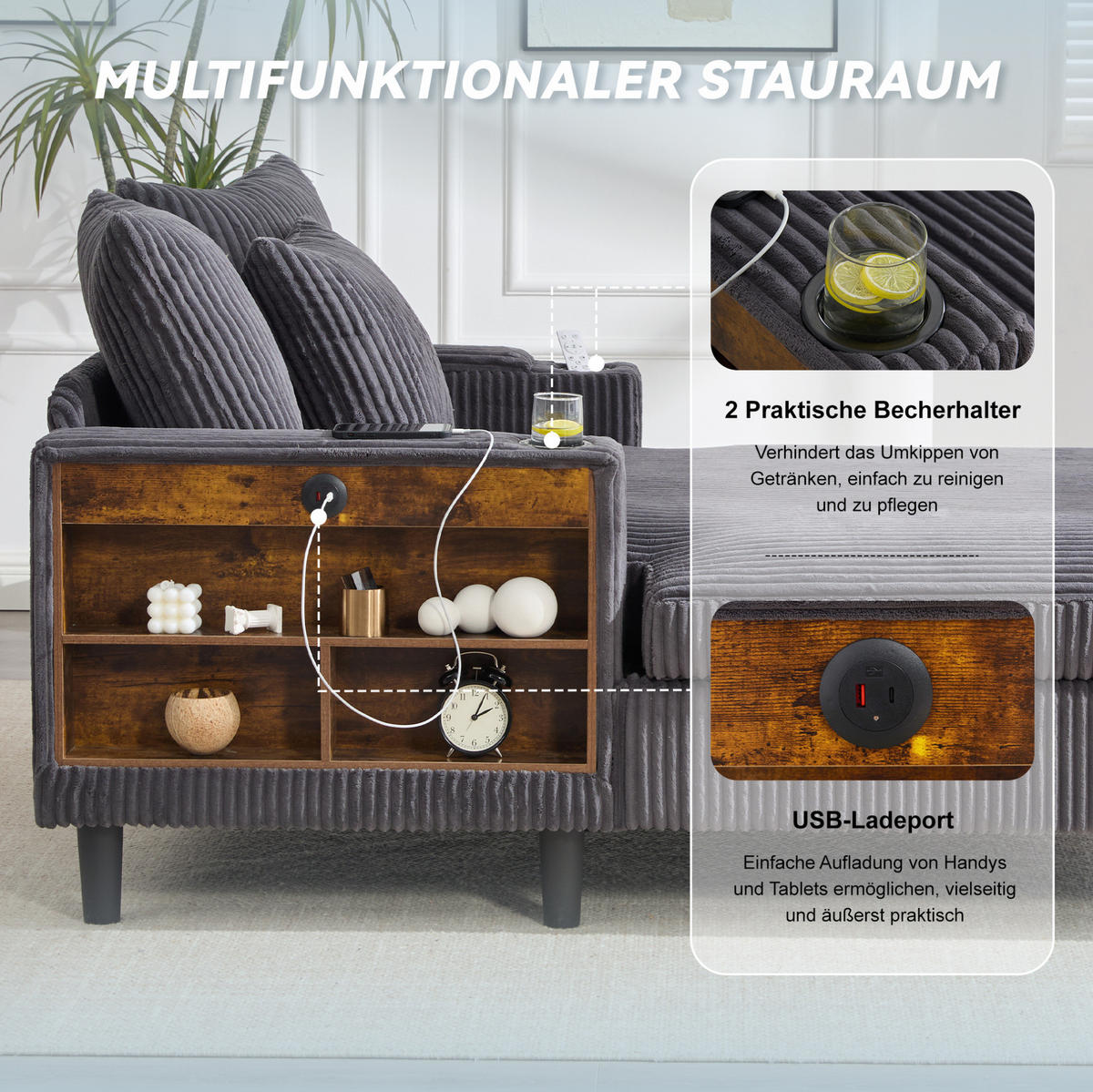CHAISELONGUE 170/129/70 cm mit LED-Beleuchtung, USB-Anschluss, Stauraum und 2 Becherhaltern, Dunkelgrau - Dunkelgrau, Textil (170/70/129cm) - Redom