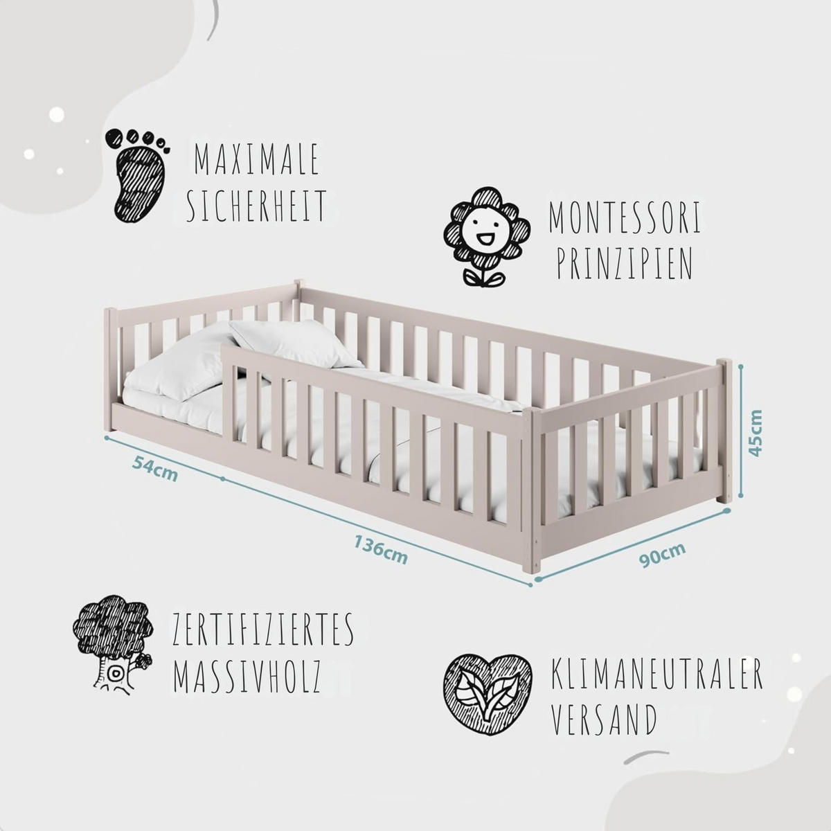 BODENBETT 90x190 cm in Kaschmir mit Matratze - Kaschmir, Holz (90/190cm) - Kids Collective