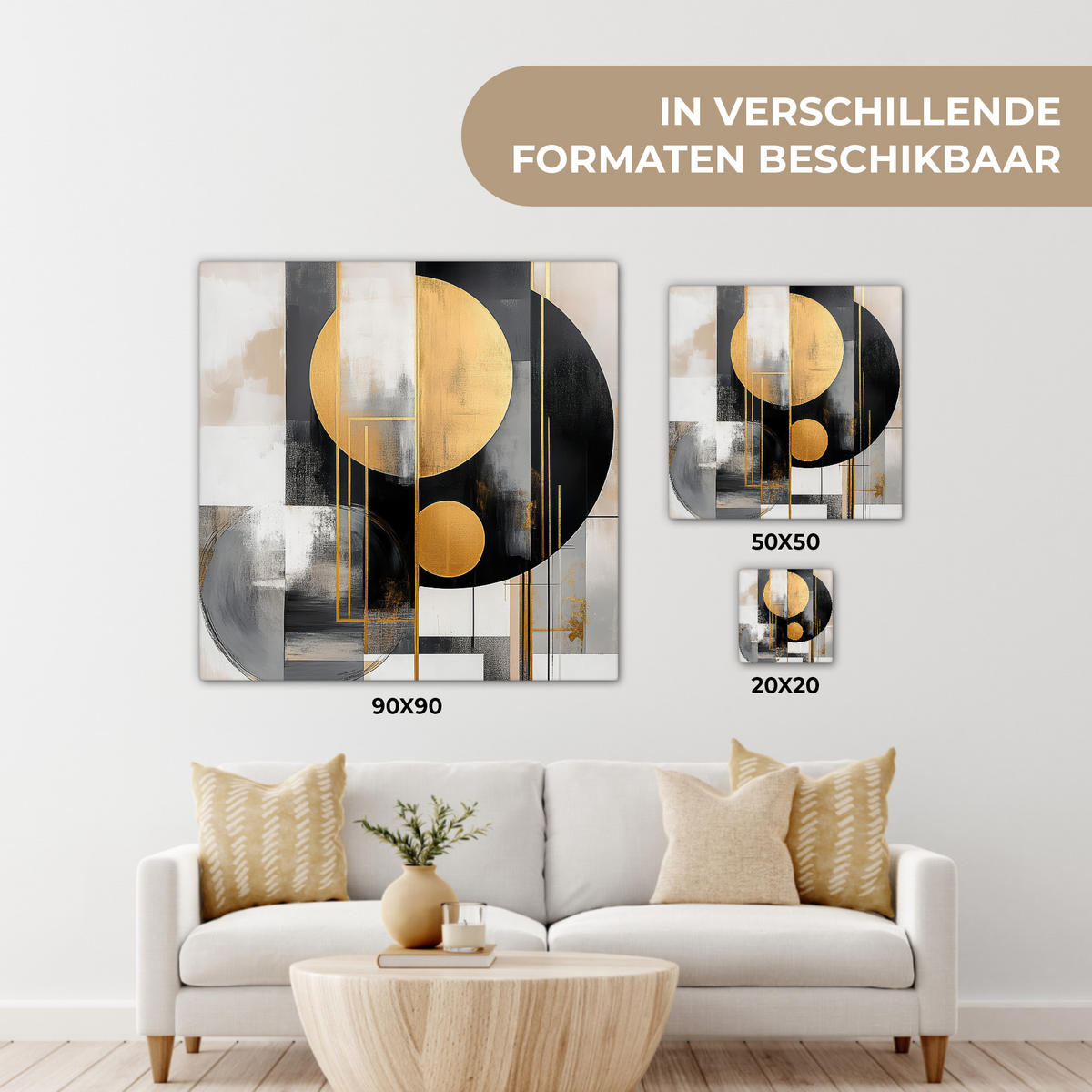LEINWANDBILD Abstrakt - Gold - Silber - Formen - Ästhetisch - Modern Deko Groß 90x90 cm - Goldfarben, Textil (90/90cm) - MuchoWow