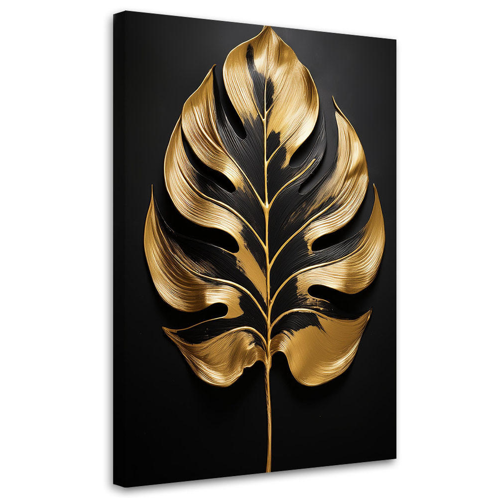 LEINWANDBILD Schwarzes und goldenes Monstera-Blatt 70x100cm - Goldfarben, Textil (70/100cm) - Feeby