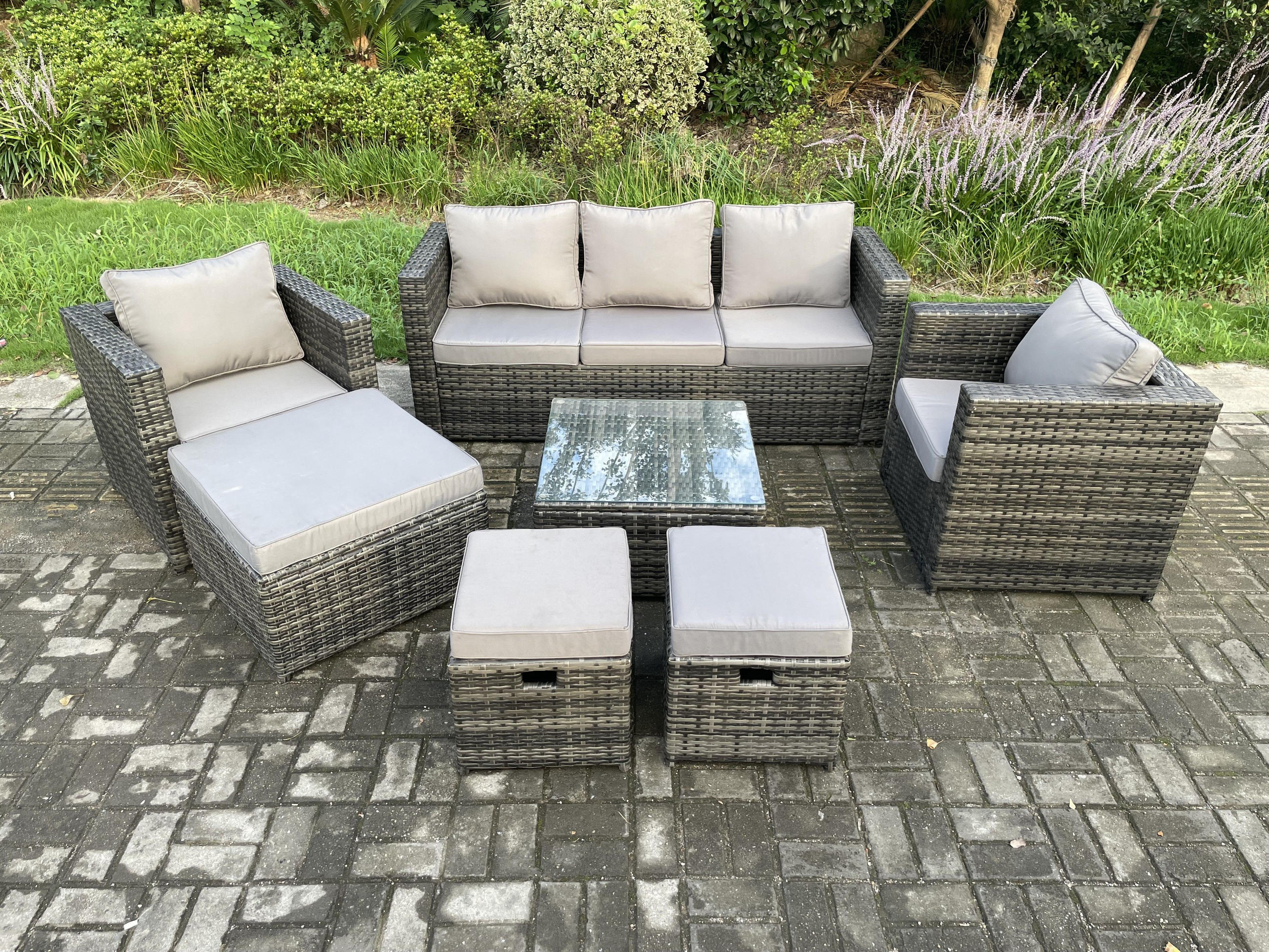 GARTENSET mit Couchtisch Polyrattan 8-Sitzer - Dunkelgrau, Metall - Fimous