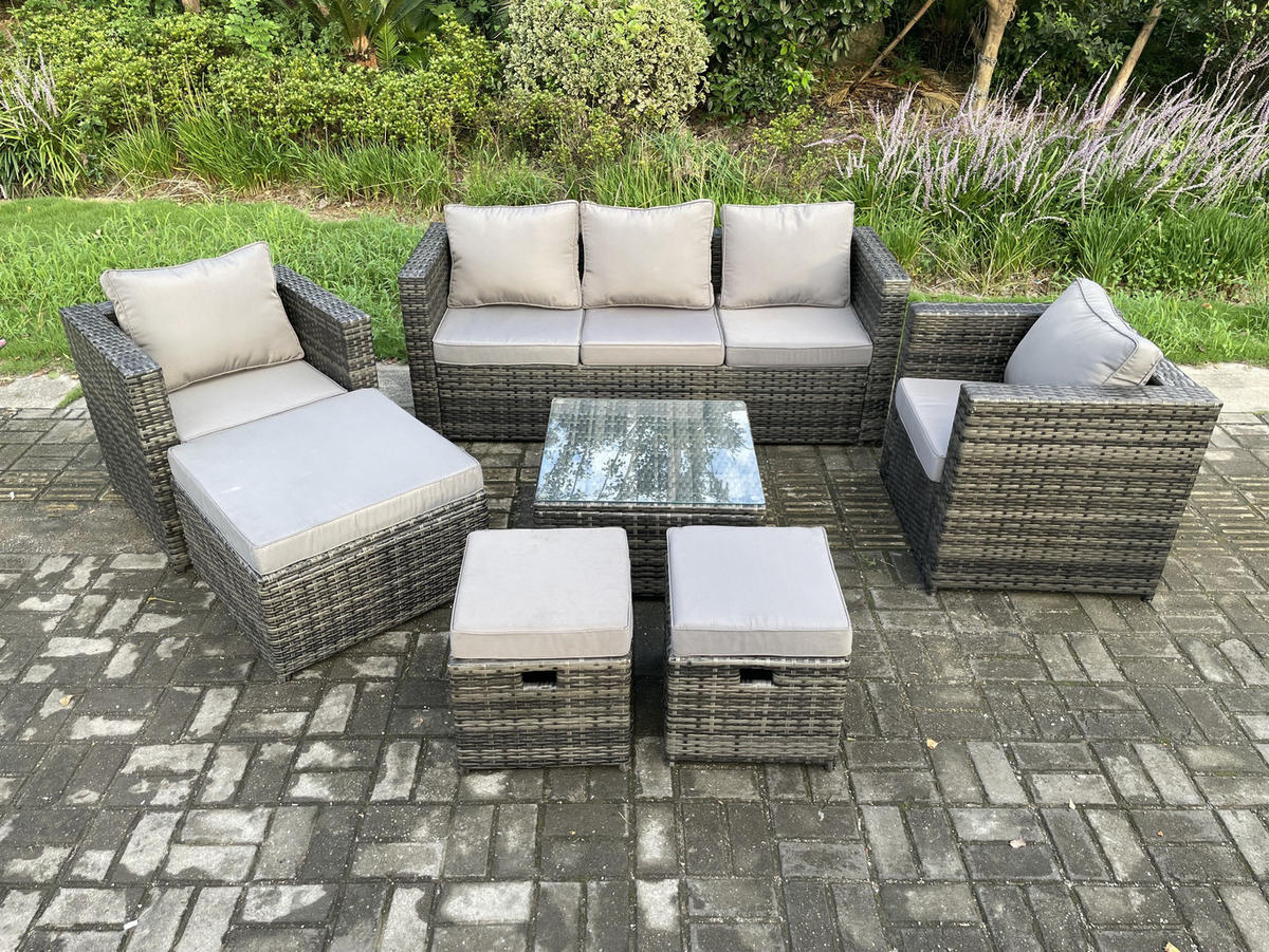 GARTENSET mit Couchtisch Polyrattan 8-Sitzer - Dunkelgrau, Metall - Fimous