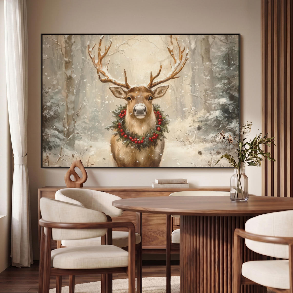 LEINWAND Bilder mit Rahmen - Weihnachten - Rentier - Winter - Kranz - 140x90 - Naturfarben, Textil (140/90cm) - MuchoWow