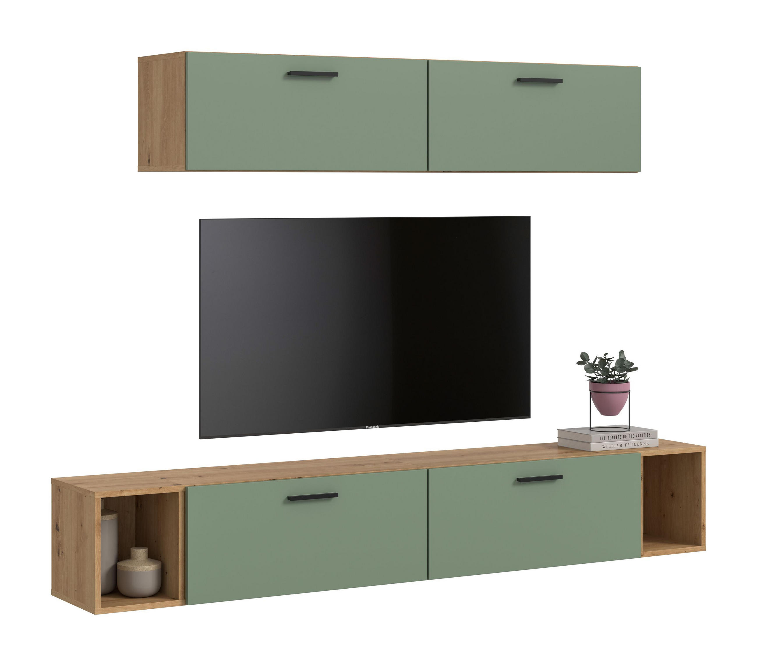 WOHNKOMBINATION THE ONE (B/H/T: ca. 202/184/34 cm) in Artisan Oak Nachbildung/Smoke Green - Eiche Artisan, Holzwerkstoff (202/184/34cm)