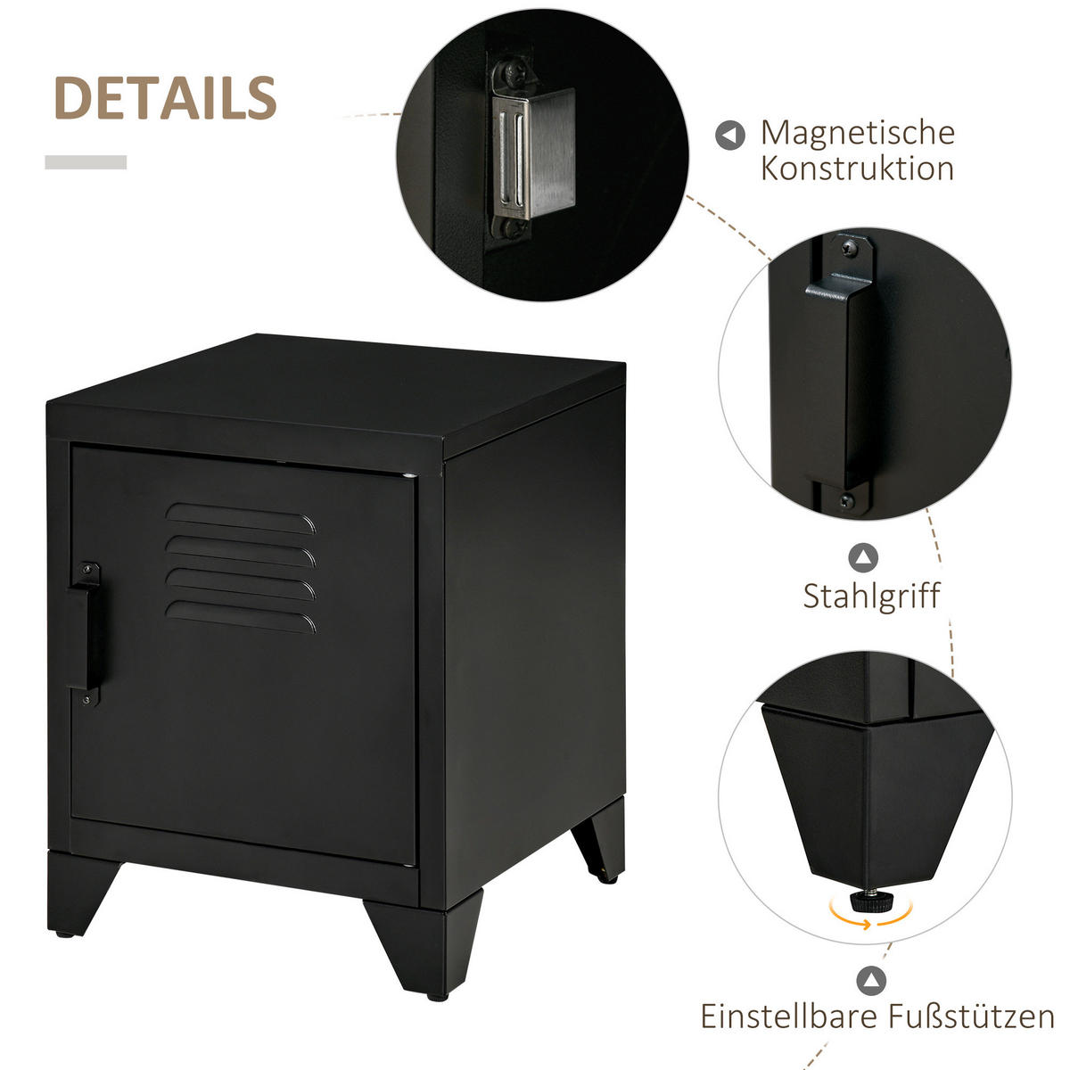 NACHTTISCH aus Metall 40x40x50 cm Schwarz mit verstellbarem Innenregal, Jalousietür und Anti-Kipp-Beschlag - Schwarz, Metall (40/50/40cm) - Modfu