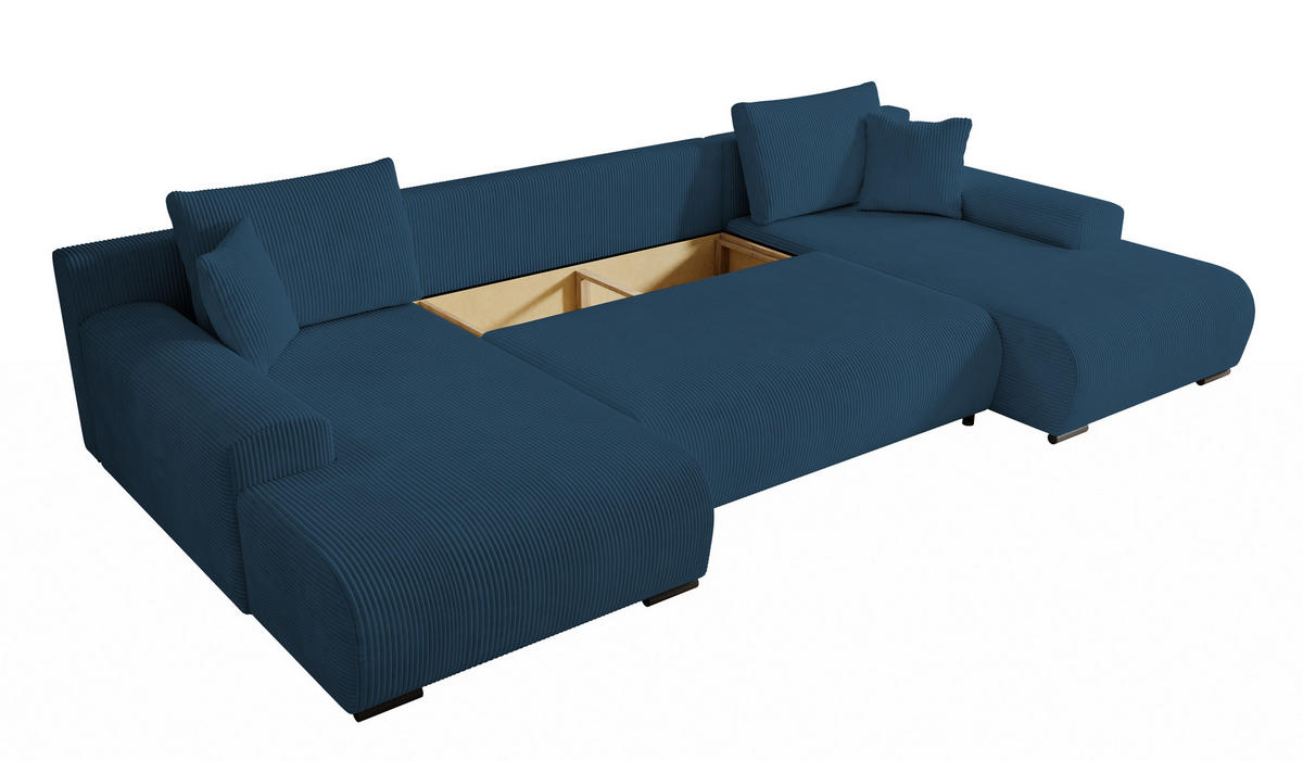 WOHNLANDSCHAFT Nelly U mit Bettkasten und Schlaffunktion, Cordstoff in U-Form - Blau, Textil (349/80/185cm)