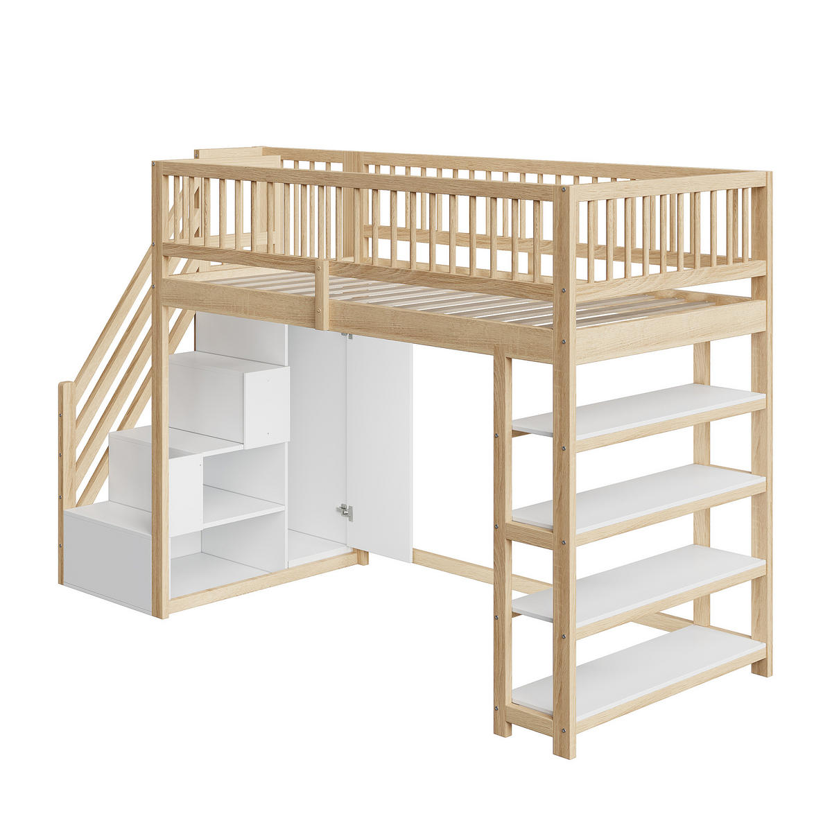 HOCHBETT 90/200 cm DE-01565, in Holzfarbe, mit Kleiderschrank, Regal und Stauraumleiter - Naturfarben, Holz (90/200cm) - ComfortXL