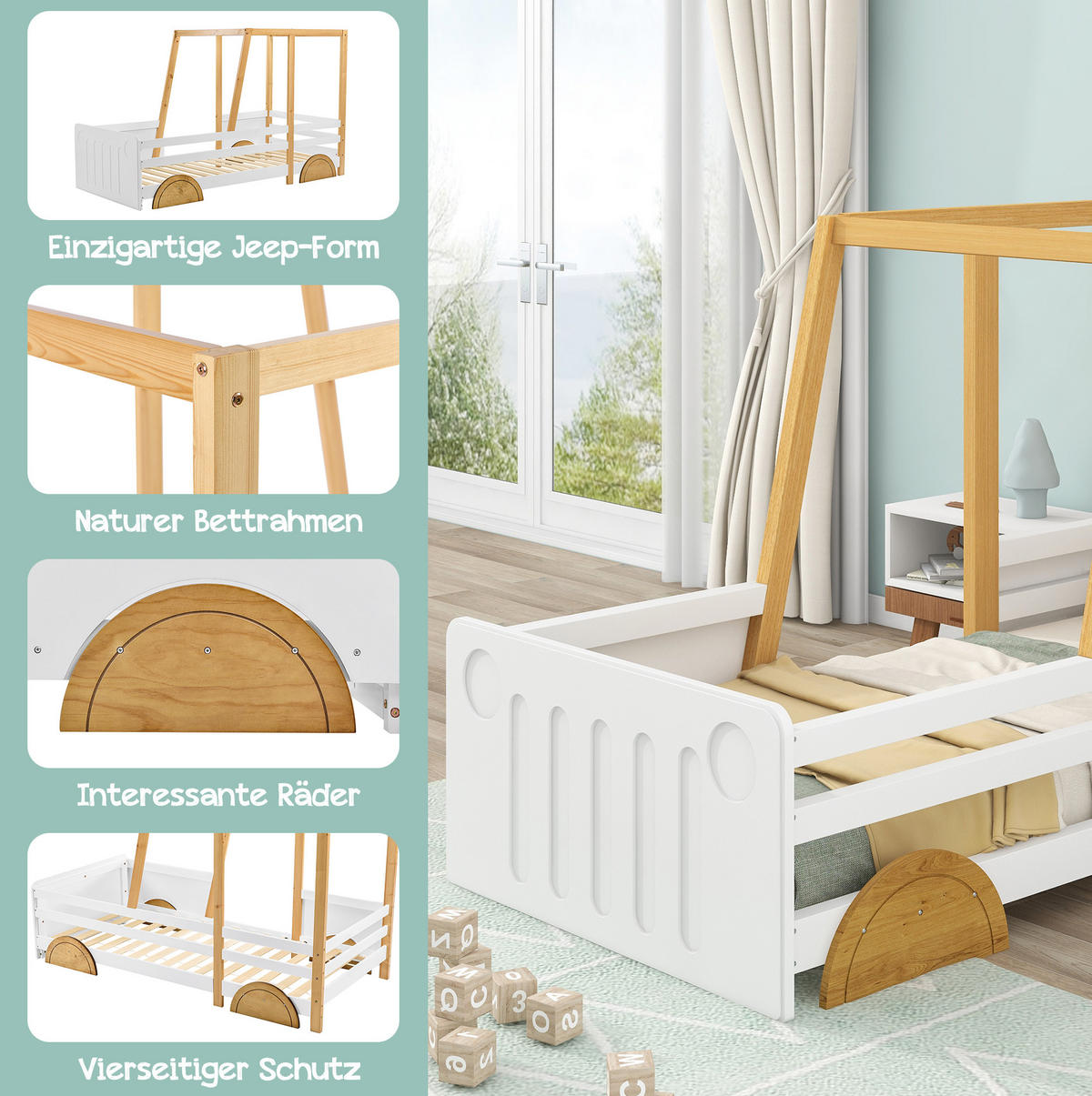 KINDERBETT aus Kiefer und MDF 90x200 cm Weiß/Natur mit vierseitigem Rausfallschutz in Autoform - Weiß, Holzwerkstoff (90/200cm) - Modfu