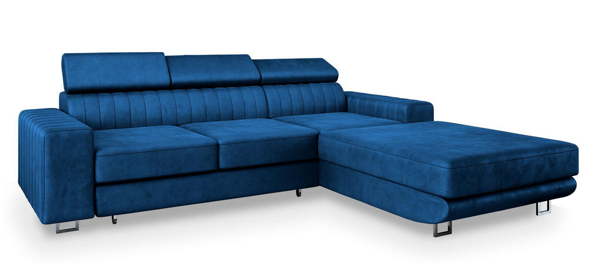 ECKSOFA NOTO R-S Blau Velours-Stoff mit Schlaffunktion - Blau, Holz (267/190cm) - MASSENO