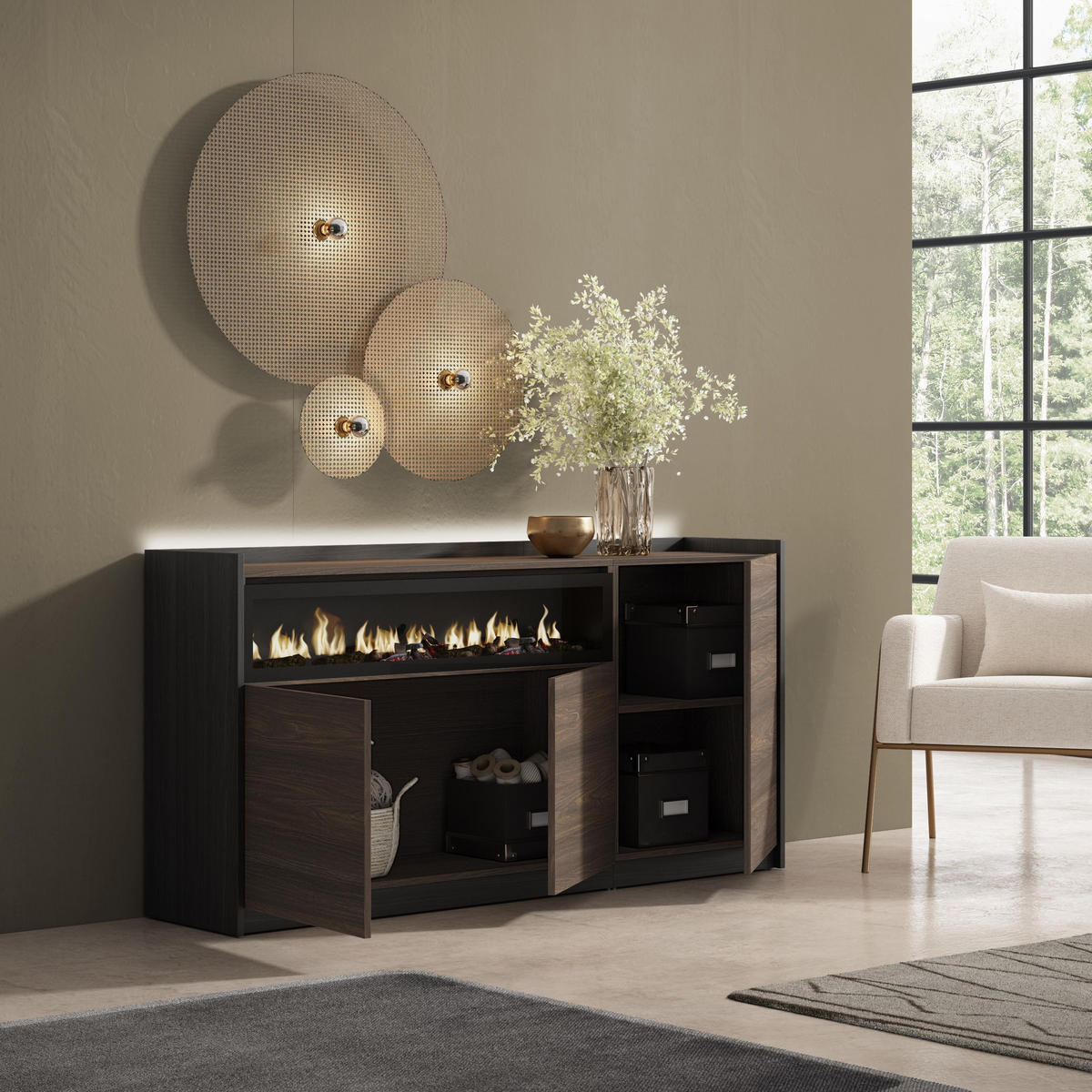 SIDEBOARD, Eiche und Schwarz, 156/37/80cm, Kamin mit Feuereffekt - Dunkelbraun, Holzwerkstoff (156/80/37cm) - Skraut Home