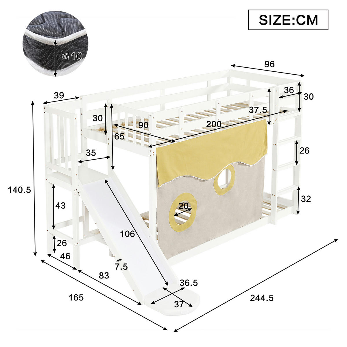 ETAGENBETT 90/200 cm Weiß aus MDF und Kiefer mit Rutsche und Bettvorhang - Weiß, Holzwerkstoff (90/200cm) - OKWISH