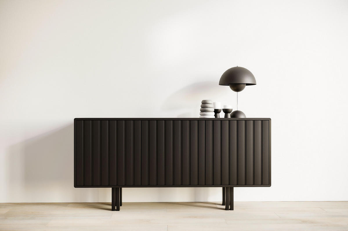 SIDEBOARD Vigge, Weiß, Push-To-Open System , Lamellen Effekt - Weiß, Holzwerkstoff/Buchenholz (149/73/40cm) - Skandica
