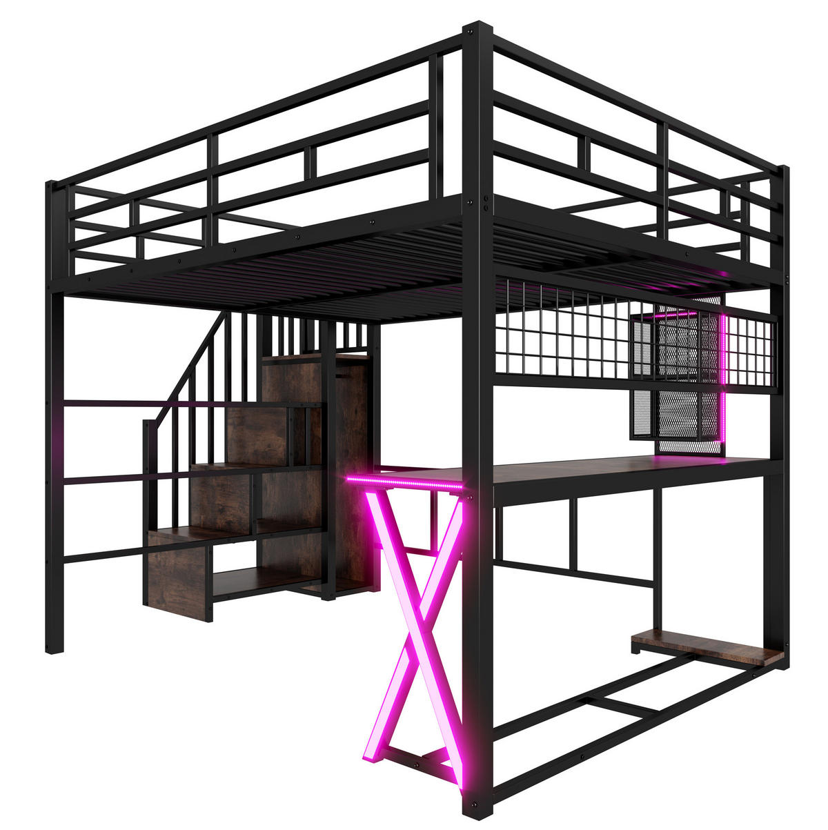 HOCHBETT aus Metall und MDF 160x200 cm Schwarz mit Schreibtisch, Kleiderschrank und LED-Beleuchtung - Schwarz, Holzwerkstoff (160/200cm) - Modfu
