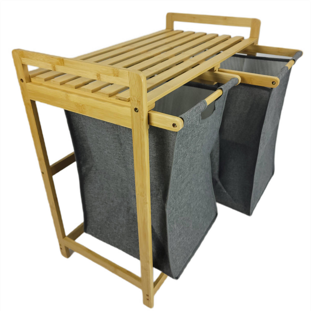 WÄSCHEKORB Bambus Textil Dunkelgrau Naturfarben 2 Kammern 70x35x68 cm - Dunkelgrau/Naturfarben, Holz/Textil (70/68/36.5cm) - Begryf