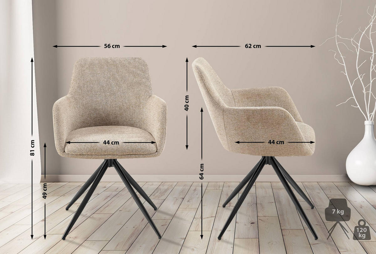 ARMLEHNENSTUHL Stoff taupe - Taupe/Schwarz, Textil/Metall (56/81/62cm) - CLP