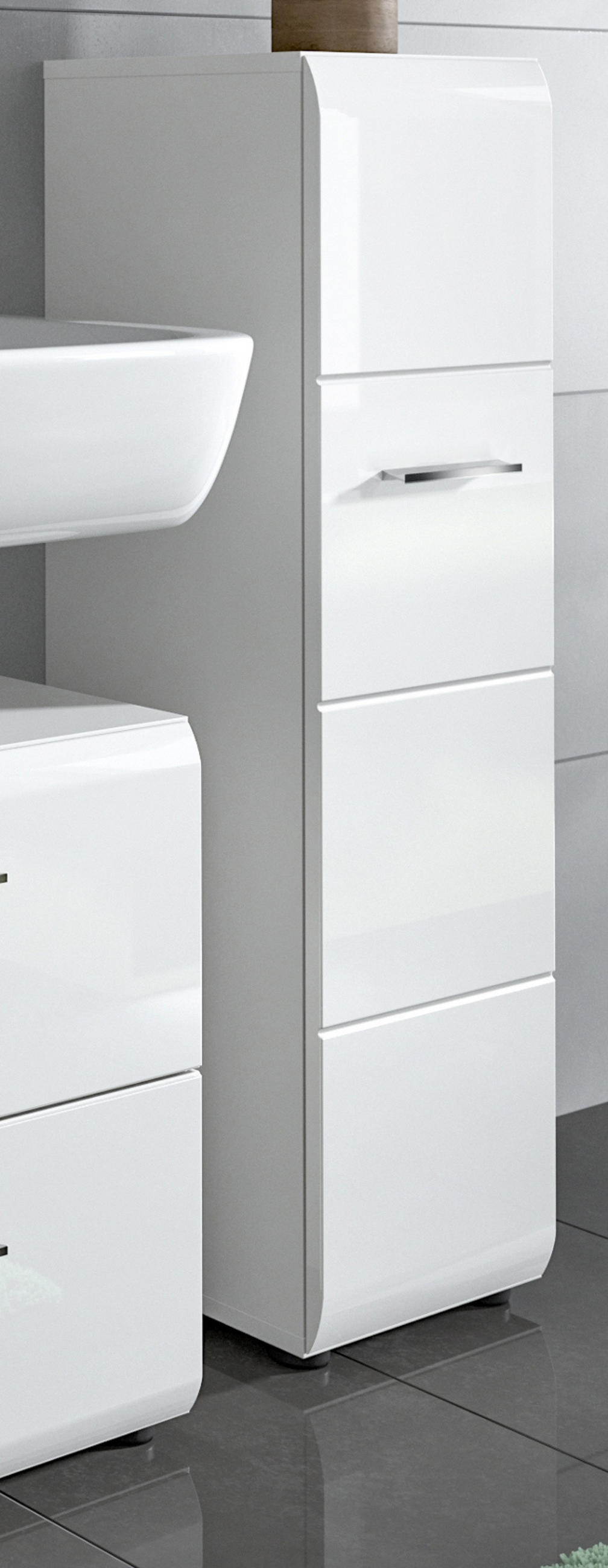 BADOMMODE weiß Hochglanz 30 x 106 cm, Badezimmer Schrank hängend oder stehend - Weiß Hochglanz/Silberfarben, Holzwerkstoff/Kunststoff (30/106/30cm) - Inn.Furn